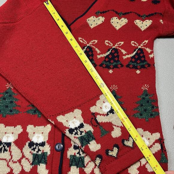 Vtg Nutcracker Ugly Christmas Sweater Cardigan Teddy Bears Hearts Bells Medium - Picture 8 of 8